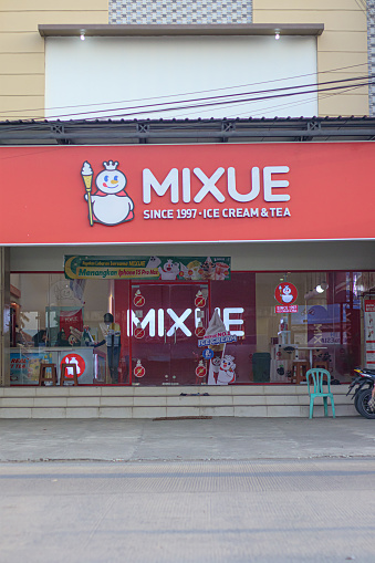 Cilacap, Indonesia - March 29, 2024 : an ice cream shop with the MIXUE brand which still opens its shop during the day during the fasting month in the Muslim country of Indonesia