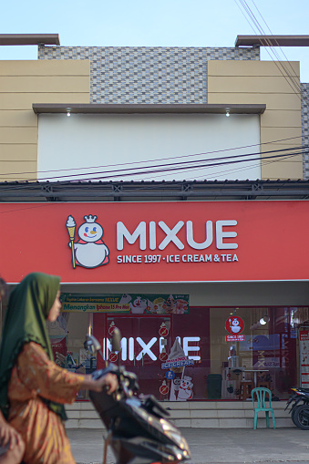 Cilacap, Indonesia - March 29, 2024 : an ice cream shop with the MIXUE brand which still opens its shop during the day during the fasting month in the Muslim country of Indonesia