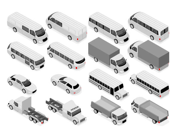 isometric car icons - fuel tanker truck storage tank isometric stock illustrations