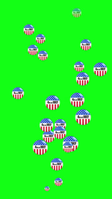 Seamless loop. Badges with USA flag and text 4th of July, motion on green screen background. Chroma key. Happy American Independence Day.