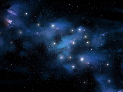 Young stars in a cosmic cloud. Stardust in space. Beautiful interstellar nebula in blue tones.