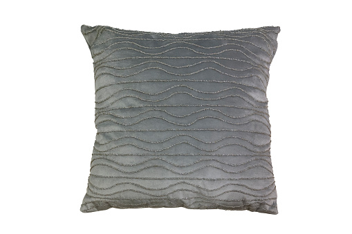 Decorative grey cushion with geometric pattern isolated on white background