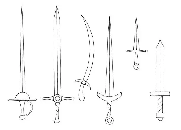 Vector illustration of Sword set isolated graphic black white sketch illustration vector