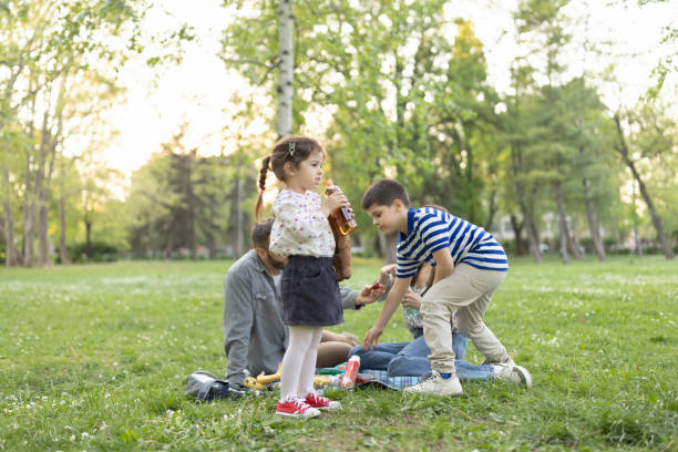 Playful family enjoying on the picnic on the beautiful day