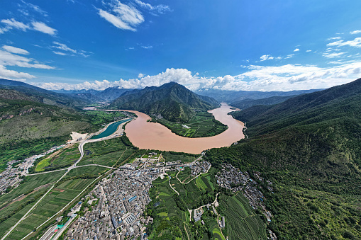 Aerial view of the first bend of Yangtze river in Yunnan province, China