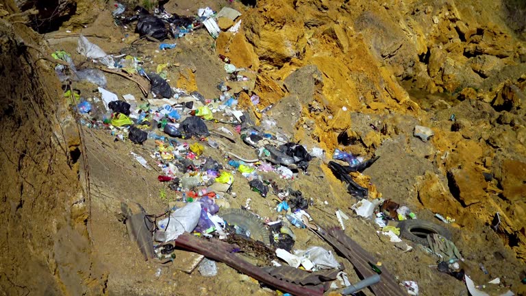 Environmental crime, illegal spontaneous garbage dump on the coastal slopes of the Khadzhibey estuary, Ukraine