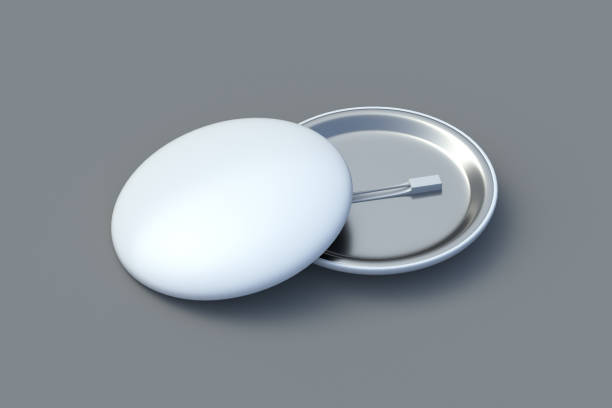 istock Two pin buttons on gray background. Blank badge. Branding identity. Empty tag. Round emblem. 3d render 2148508838