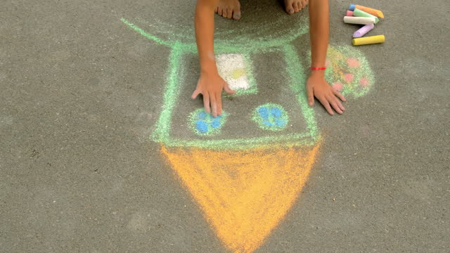 children on the street draw with chalk. selective focus. kid.