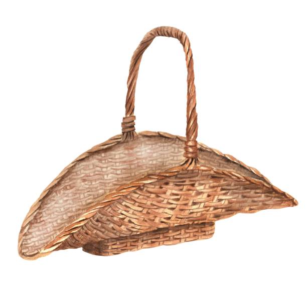 istock Wicker garden basket for flowers and herbs. Rustic basket with a handle. Hand-drawn watercolor illustration. 2148510776