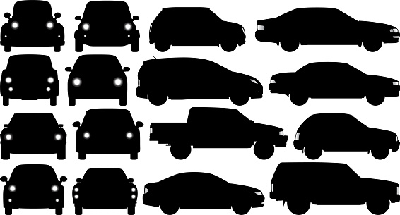 Car silhouettes from the front and side.