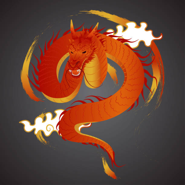 istock Vector illustration of a red dragon with gold ink splatter art around it 2148511876