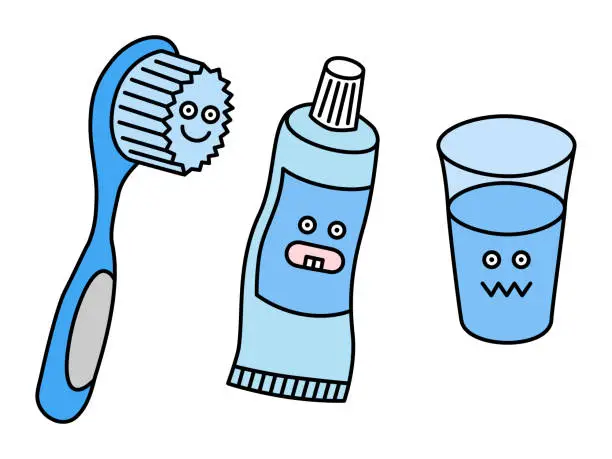Vector illustration of Illustration set of anthropomorphic toothpaste, toothbrush, and water in a glass