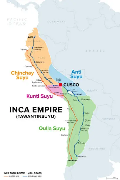 Vector illustration of Inca Empire, Tawantinsuyu, map with four Suyus, and the two main roads