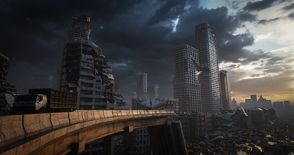 Digitally generated dramatic scene depicting the remains of a once-bustling city stand desolate at twilight, with crumbling buildings and abandoned infrastructure under a threatening sky, suggesting a world that has seen a cataclysmic event.

The scene was created in Autodesk® 3ds Max 2025 with V-Ray 6 and rendered with photorealistic shaders and lighting in Chaos® Vantage with some post-production added.