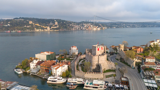 Aerial view of Anadolu Hisari and Rumeli Hisari in Istanbul, Turkey.