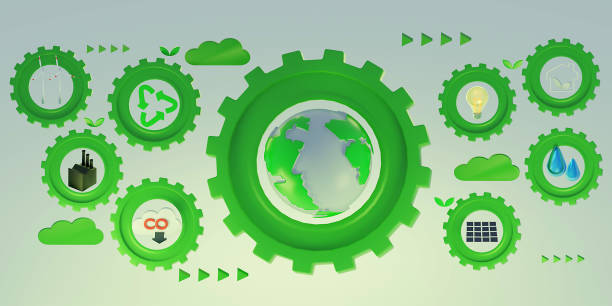 istock World environment and sustainable development concept with ecology doodle icons in gear, 3d environment, eco friendly, green technology and ecology symbols. 3d render. 2148516345