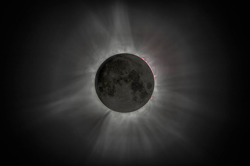 HDR composite of the sun's corona with flares from April 8th 2024 total sun eclipse from Montreal if the moon was visible