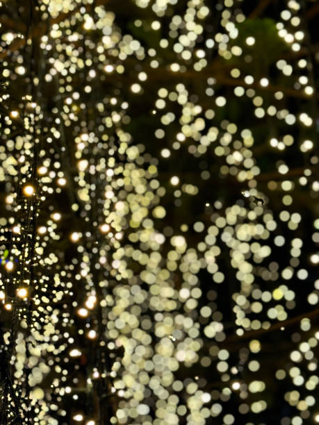 istock Full frame image of defocused white Christmas fairy lights background, illuminated hanging string lights, bokeh, focus on foreground 2148516717