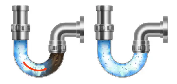Vector illustration of Realistic sewer drain pipe clogged with mud, isolated 3d set. Sink pipe with liquid cleaning detergent effect. Advertising template for drain cleaner with powerful chemical agent cleaning dirty water pipe.