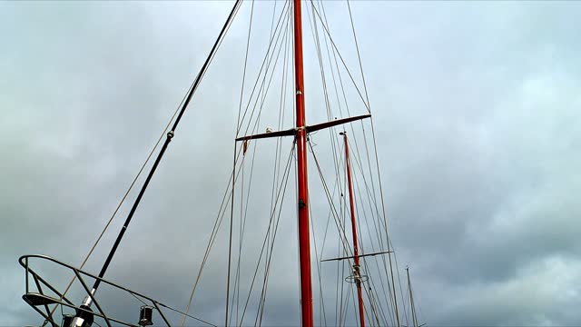 View into the rigging of a sailing ship with her masts and waving flag