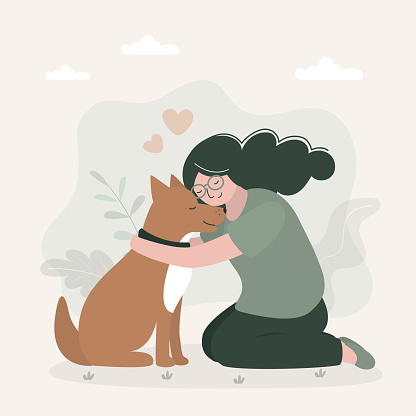 Happy girl hugging cute dog. Fulfilling the desires. Best friends forever. Adopt new friend from shelter. Friendship between human and pet. flat vector illustration