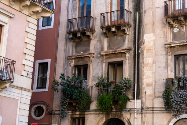A building with a balcony has a plant in a pot on it. The balcony is on the second floor