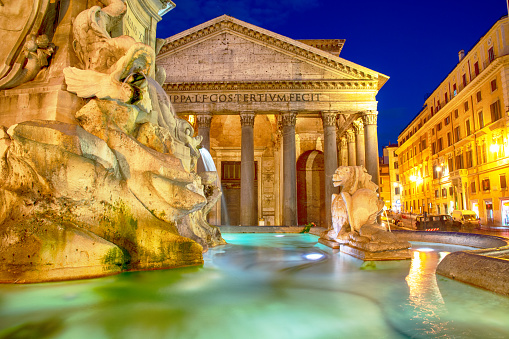 The Pantheon and the Fontana del Pantheon at sunset in Rome, Italy