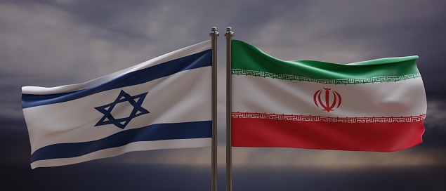 Israeli and Iranian flags waving side by side with dramatic sky background, 3D render