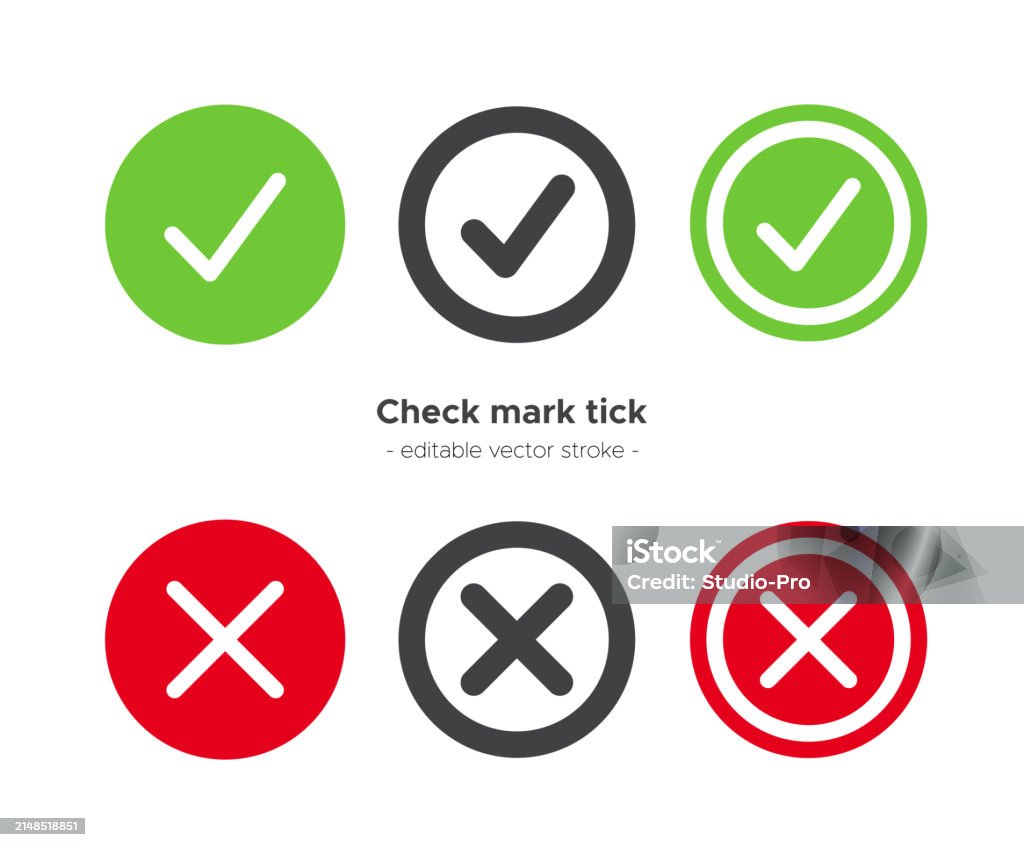 Check mark and cross icon set. Vector design with editable line thickness. - Royaltyfri Bock vektorgrafik Check mark and cross icon set. Vector design with editable line thickness. - Royaltyfri Bock vektorgrafik