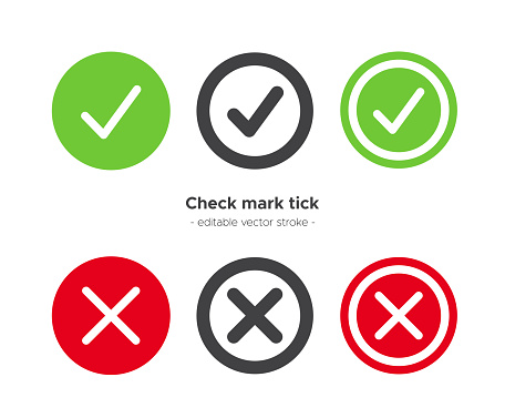 Check mark and cross icon set. Vector design symbols with editable line thickness on isolated background