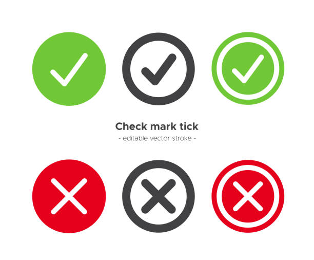 Check mark and cross icon set. Vector design with editable line thickness. Check mark and cross icon set. Vector design symbols with editable line thickness on isolated background examining stock illustrations