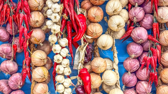 Rows of garlic and chili peppers are strung up against vibrant blue backdrop, creating a bold and rustic display that evokes essence of traditional markets and rich flavors of culinary delights