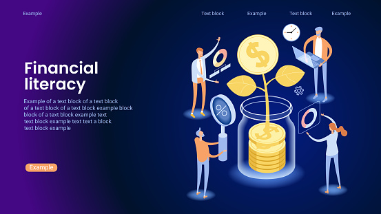 Financial education illustration. Financial literacy lessons online. Personal expenses, business payments, insurance, retirement savings. Investing money in education.