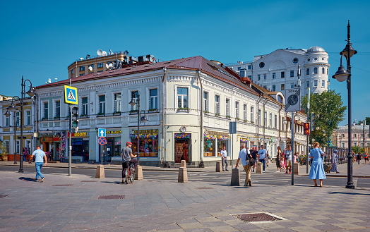 Old building of 1870, now Modern shopping center, Pyatnitskaya Street, cityscape: Moscow, Russia - August 17, 2022