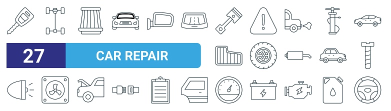 set of 27 outline web car repair icons such as key, axle, car radiator, error, tyre, car radiator, mileage, steering wheel vector thin line icons for web design, mobile app.