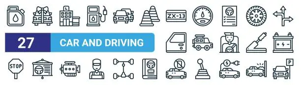 Vector illustration of set of 27 outline web car and driving icons such as fuel, new car, driving school, speedometer, x, presentation, no mobile, parking vector thin line icons for web design, mobile app.