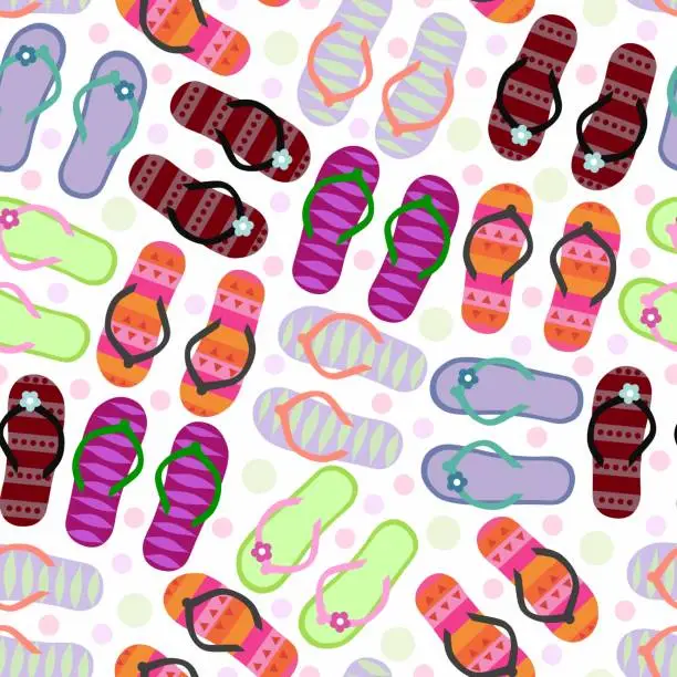 Vector illustration of seamless flip flops pattern. summer backdrop. repeat background. Cartoon flat illustration.