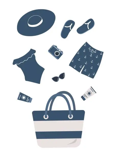 Vector illustration of Beach accessories falling into a beach bag. Blue swimsuit, swimming trunks, hat, sunglasses, flip flops, sunscreen, camera