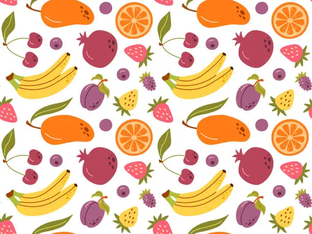 Vector illustration of Vector seamless pattern of colorful fruits and berries. Summer print with hand drawn fruits. Tropical print.