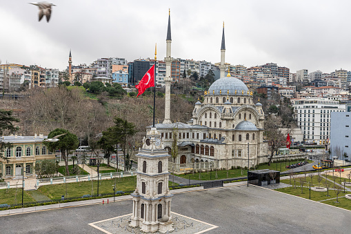 Karakoy Nusretiye Mosque and tophane clock tower. Nusretiye Mosque is an ornate mosque located in the Tophane district of Beyoglu, Istanbul, Turkey.