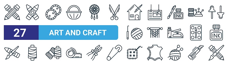 set of 27 outline web art and craft icons such as pencil, crayon, buttons, poster, rame, textile, patch, brush vector thin line icons for web design, mobile app.