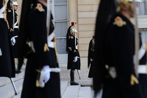 French Republican Guards stand in the courtyard of the Elysee Palace in Paris, France on March 14, 2024.