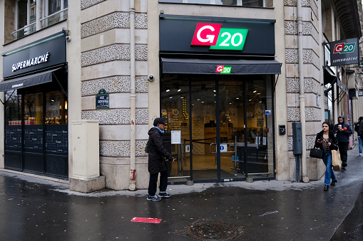Exterior view of G20 supermarket in Paris, France on March 30,  2024.