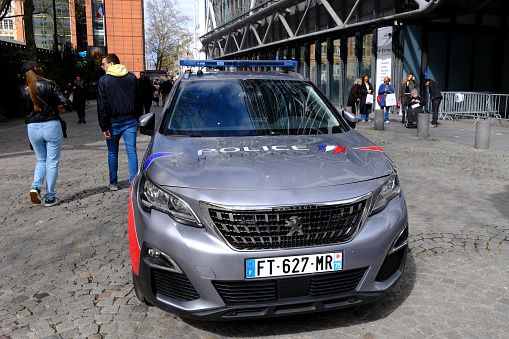 A patrol car of Police National seen in central Paris, France on March 14, 2024.