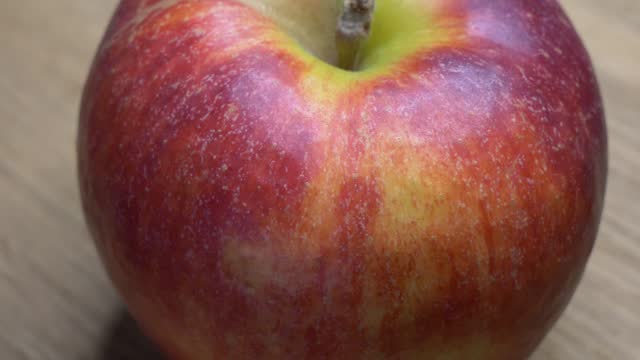 One large ripe gala apple in close-up. Video with apple.