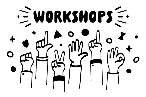 Vector illustration of Hands Raised with Gestures for Workshops