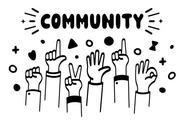 Vector illustration of Hands Raised with Gestures for Community