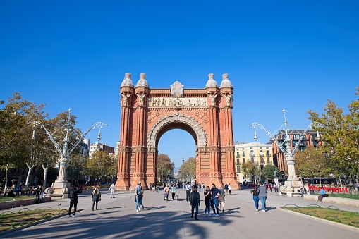 Barcelona / Spain - November 20, 2024: Arc de Triomf, designed by Josep Vilaseca, it was built for the 1888 Universal Exposition as its main access gate