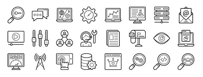 set of 24 outline web seo and web icons such as keywording, chat, ab testing, time management, web analytics, analysis, server vector icons for report, presentation, diagram, design, mobile app