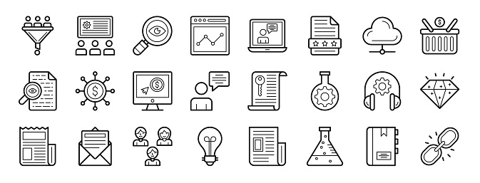 set of 24 outline web seo and web icons such as digital marketing, search engine marketing, seo, performance, video advertising, rating, cloud network vector icons for report, presentation, diagram,